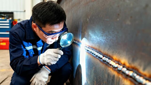 Visual weld inspection in medium shot focusing on a specialist examining weld seams closely for surface cracks and imperfections under bright lighting.