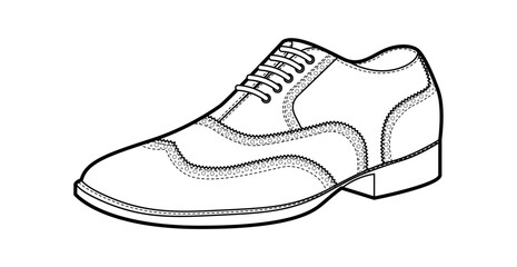 Brogue mens lace single shoe line. Perforated leather footwear with classic wingtip detail smart casual office style. Technical illustration CAD mockup sketch vector outline isolated on white.