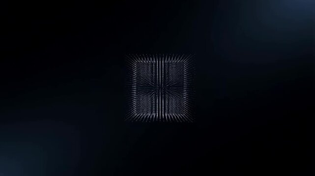 Contracting glowing particle grid forming a compact cube on dark background, technology data visualization animation footage