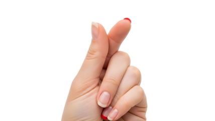 Close up of a womans hand making the korean finger heart gesture, love symbol, isolated on transparent background