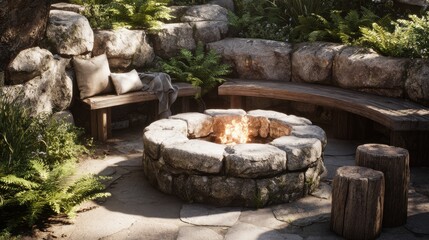 Fototapeta premium cozy outdoor fire pit with stone surround and seating area firepit backyard