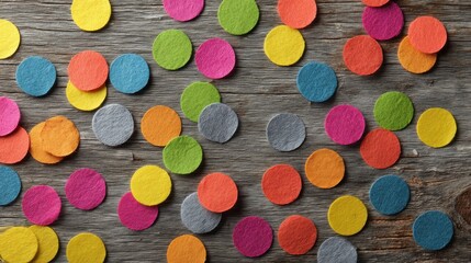 colorful paper dots squares scattered on rustic wooden surface festive mix creates joyful background for celebrations like parties holidays vibrant playful composition suggests fun excitement