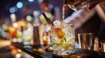 barman pours cocktail in a stylish nightclub drink with ice and citrus garnish is ready blurred figures in background nightlife entertainment and service
