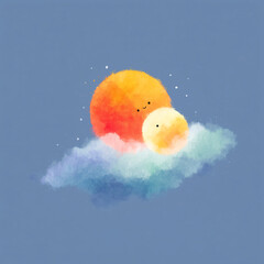 Cute Sun and Moon Hugging on a Cloud Illustration
