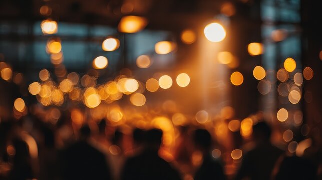 an abstract and blurred background of a social gathering with warm glowing bokeh lights at night