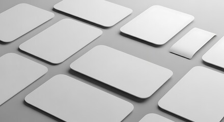 Elevated view of blank white rounded corner cards arranged on a gray surface, offering a versatile mockup for showcasing designs and information