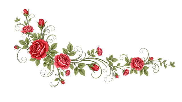 Blooming Rose Border: A collection of vibrant red roses, accented by lush green leaves and delicate spiraling vines, creates an elegant and romantic border.