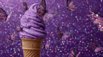 Purple ice cream cone with butterflies against a glittery purple backdrop