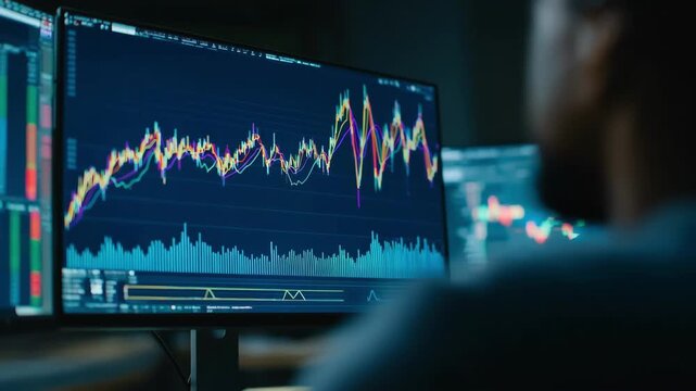 Medium shot of an economist examining cyclical price fluctuation charts with peaks and troughs on a computer screen during a research session.