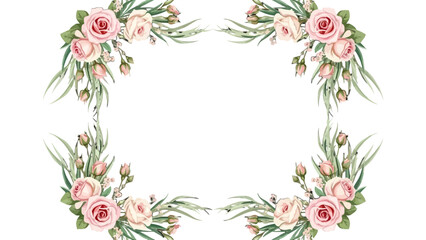 Floral Frame: Delicate pink roses and lush green leaves form an elegant frame.  Evoking a sense of romance, perfect for design needs.