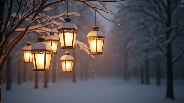 Serene winter evening scene with glowing street lamps illuminating snow-covered park pathway at dusk