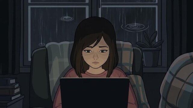 Young Girl Sitting Alone in a Dimly Lit Room Browsing Laptop During a Rainy Night