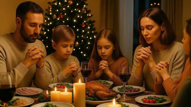 A family praying together at the dinner table before their Christmas meal. Parents and children saying grace in a moment of gratitude and togetherness