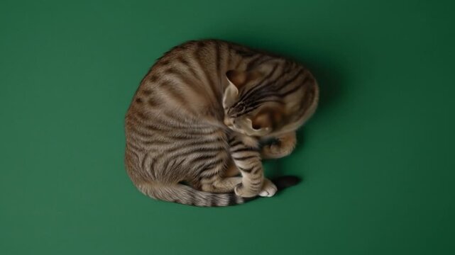 Serene Cat Curling Up on Green Surface Captured in Multiple Frames