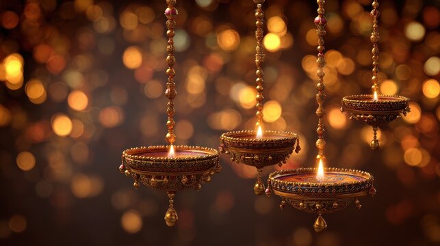hanging diwali diyas with beads and glowing golden bokeh lights