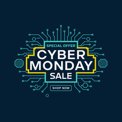 Obraz premium Cyber Monday Sale Banner with Digital Circuit Frame and Special Offer Label