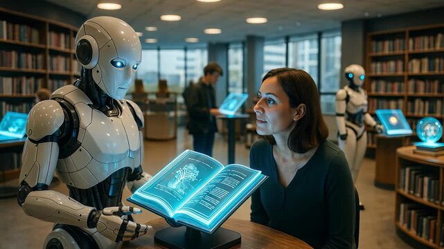 futuristic library where people interact with robots. Humanoid robot and woman study glowing digital book together inside modern library. collaboration between ai and human learning process.