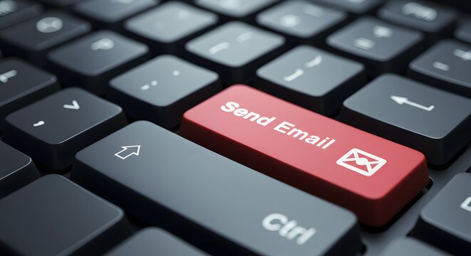 Close-up of Computer Keyboard with Red Send Email Button and Envelope Icon for Digital Communication and Marketing Concepts