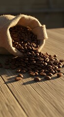 Roasted Coffee Beans Spilling Out of Burlap Sack on Wooden Table Surface with Warm Natural Sunlight