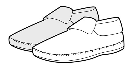 Moccasin slipper shoe women sketch pair. Cozy stitched soft footwear for home lounge casual outfit. Technical fashion illustration CAD mockup detailed vector man unisex isolated classic style.
