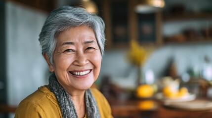 asian senior woman beaming with joy during a gathering with friends at home fostering happiness well being and social connection in retirement and elderly care
