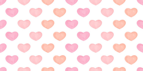Seamless pattern with soft pink and peach watercolor hearts on a white background. Romantic Valentine's Day texture with gentle pastel mood and a light, airy feeling of love.