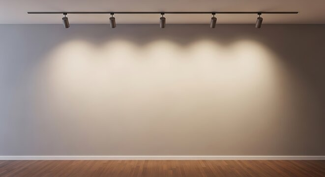 Illuminated gray wall with track lighting creates a modern and versatile backdrop for showcasing artwork or creating a minimalist interior design