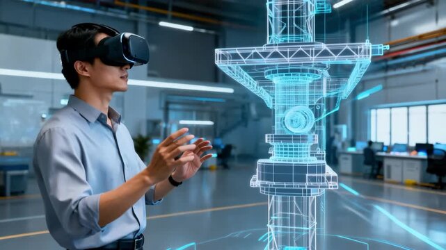Virtual reality simulation showing a medium shot of a professional wearing a VR headset interacting with a digital twin model exploring detailed structural components in immersive