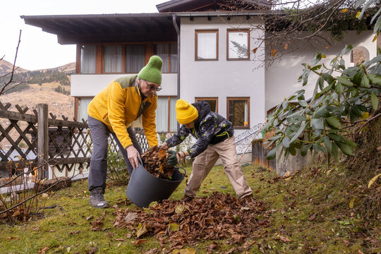 Boy helps grandfather clean autumn garden