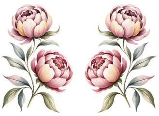 Elegant peony flowers painted in a soft botanical watercolor style.