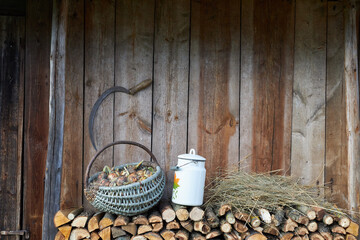 Objects of ancient village life near a wooden wall.