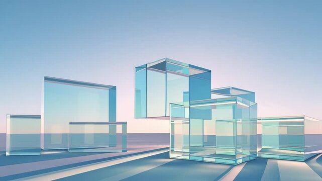 Abstract composition of transparent glass cubes and rectangular forms floating in a serene, light blue and pink sky, casting soft shadows on a reflective surface.