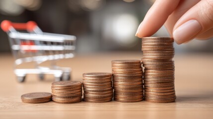 A stack of coins with a shopping cart in the background symbolizes financial and business growth.