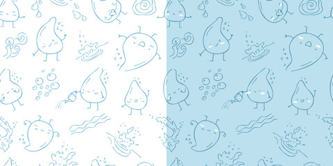 Seamless pattern of cute little droplets in kawaii style. A mascot with a heart, smiling, meditating, playful and joyful.