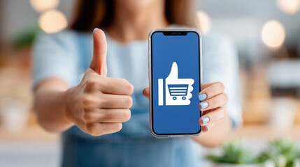 A woman stands giving a thumbs-up while displaying social media icons on her smartphone.