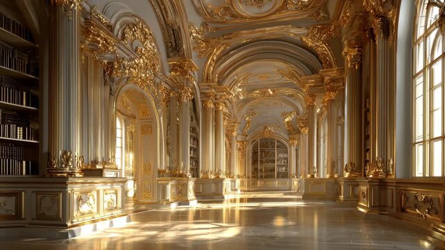 Ultra HD Opulent royal library interior with gilded baroque architecture and sunlight reflections on marble floor video