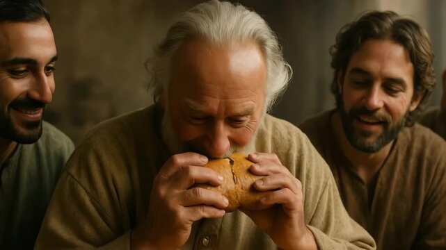 A joyful elderly man breaks a loaf of bread to share with his friends. Cinematic historical scene depicting fellowship and community. Biblical reenactment concept