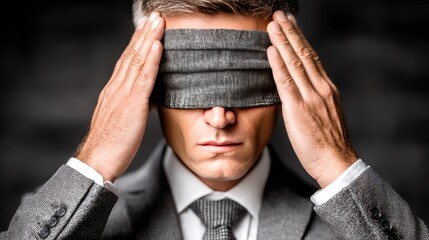The young businessman, dressed in a suit and blindfolded, displayed a silent expression of stress and determination.