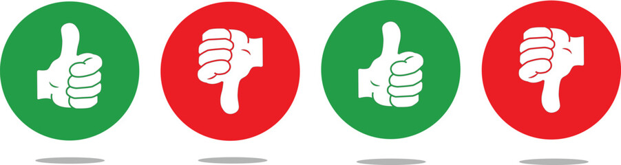 Like, dislike, thumbs up, thumbs down icon set in red and green color for social media feedback, vector illustration