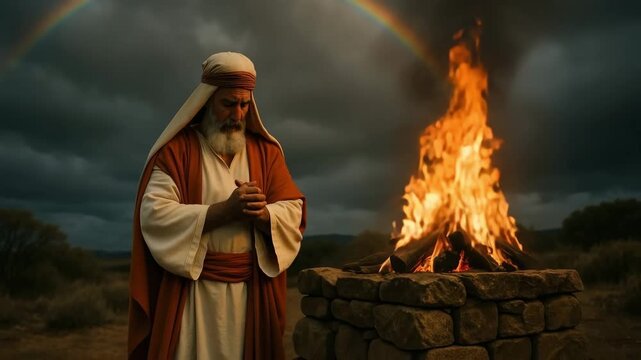 A biblical prophet like Noah praying at a sacrificial altar with a large fire. An elderly man worships under a rainbow symbolizing God's covenant. Old Testament story of faith and promise