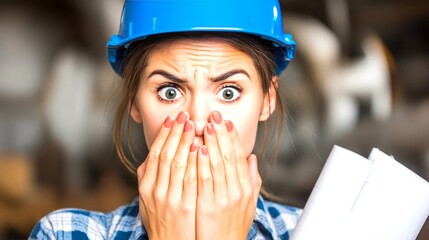 A female engineer, looking panicked, is wearing a helmet and holding blueprints at a construction site.