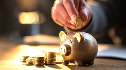 Hand Inserting Coin Into Piggy Bank Surrounded by Stacked Coins