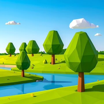 Low poly scene green trees on a bright field by a blue river with polygonal clouds under a blue sky