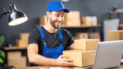 Smiling Delivery Worker Managing Packages at Desk with Laptop