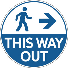 Blue This Way Out Directional Sign with Pedestrian Icon and Arrow