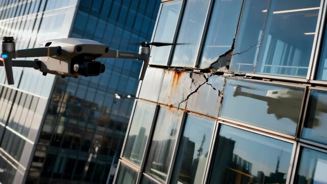 Medium shot of a drone capturing highresolution visual images of a skyscraper fa&ccedil;ade to inspect surface conditions and structural details.