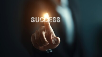 A young businessman is pointing to an inspirational message about success, a glowing text displayed in front of him.