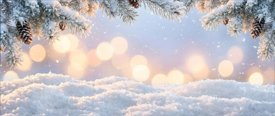 Snow With Bokeh Of Christmas Lights And Fir Branches In Snowy Night - Snowdrift And Snowfall 
