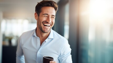 A young businessman is laughing and happily drinking coffee in a modern office.