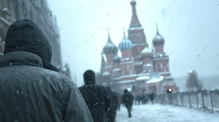 People Walking in Snow Near St. Basil's Cathedral in Moscow Winter